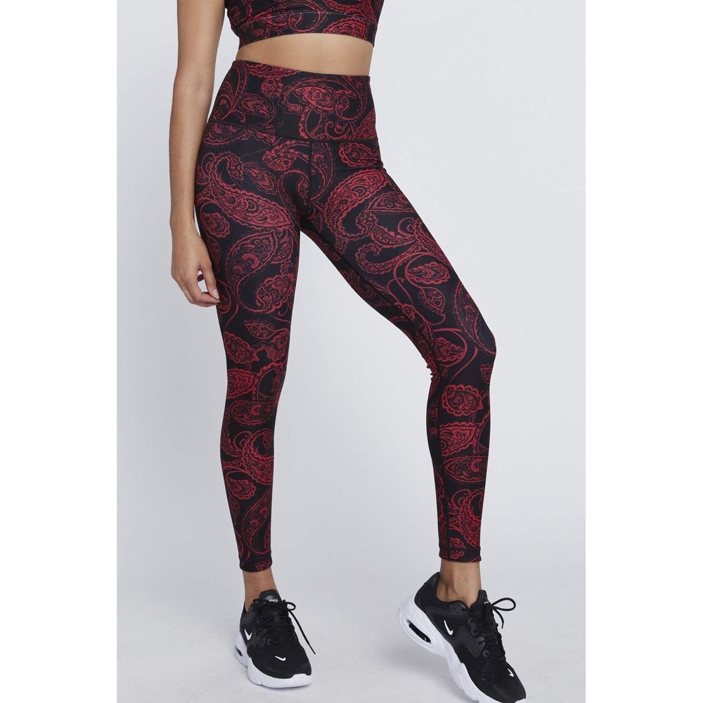 Wear It To Heart High Waist Reversible Leggings Red Paisley Gray Size M NWOT‎